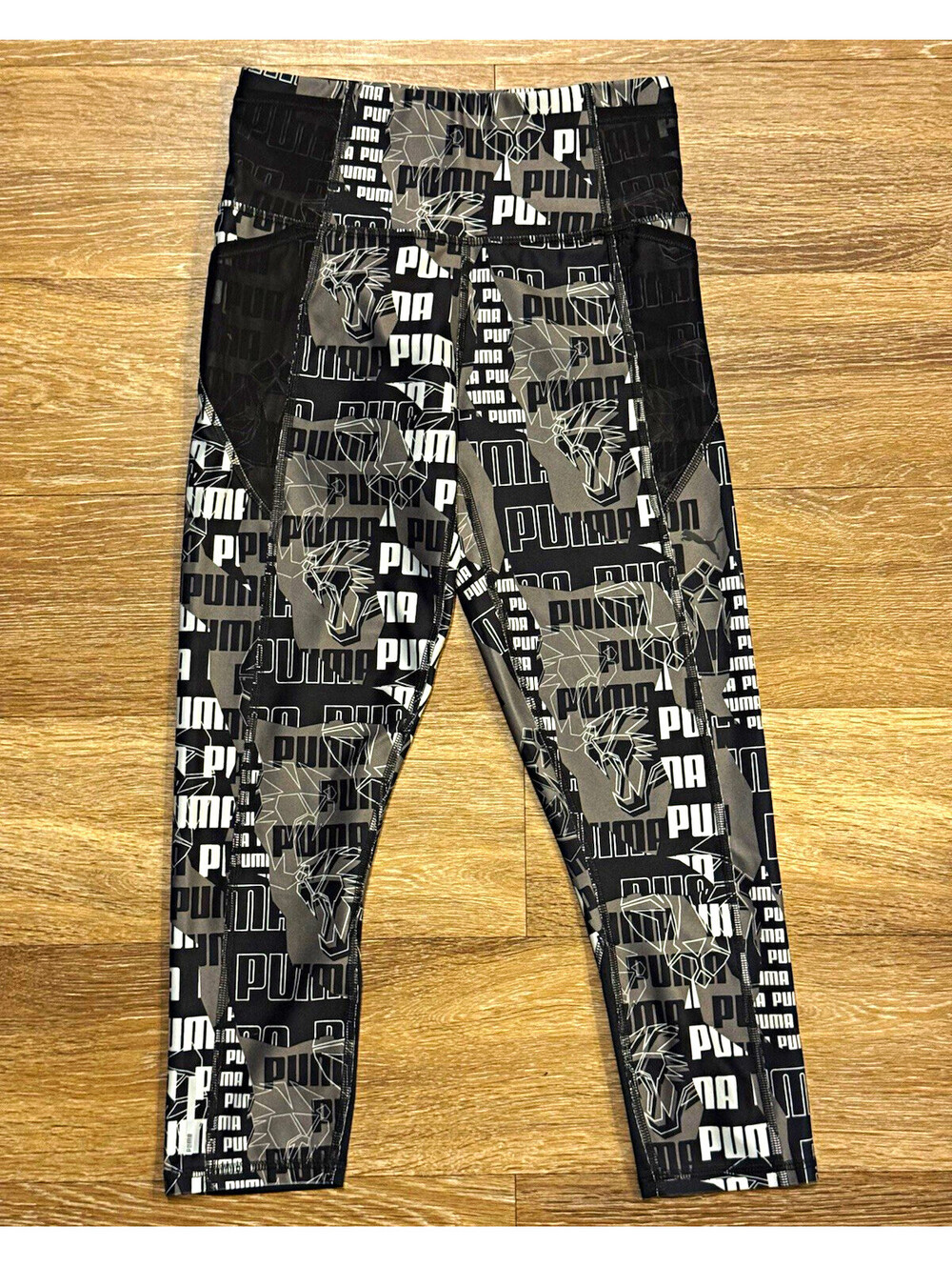 PUMA Womens Leggings XS Black Gray Logo Print Mesh Panel Athletic Workout Pants